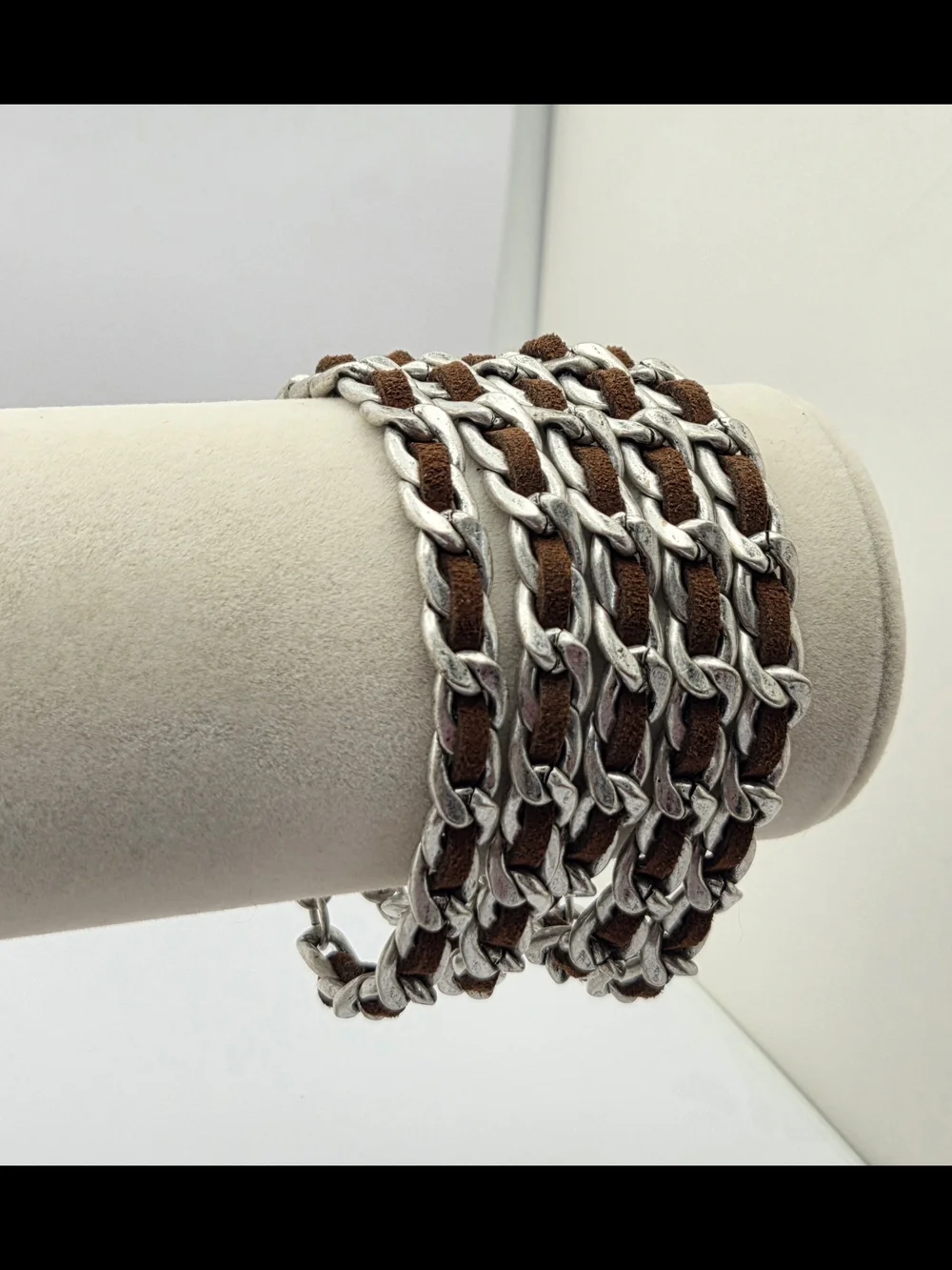 ​GUESS Silver Tone Multi Strand Wide Chain & Brown Suede Cuff Bracelet